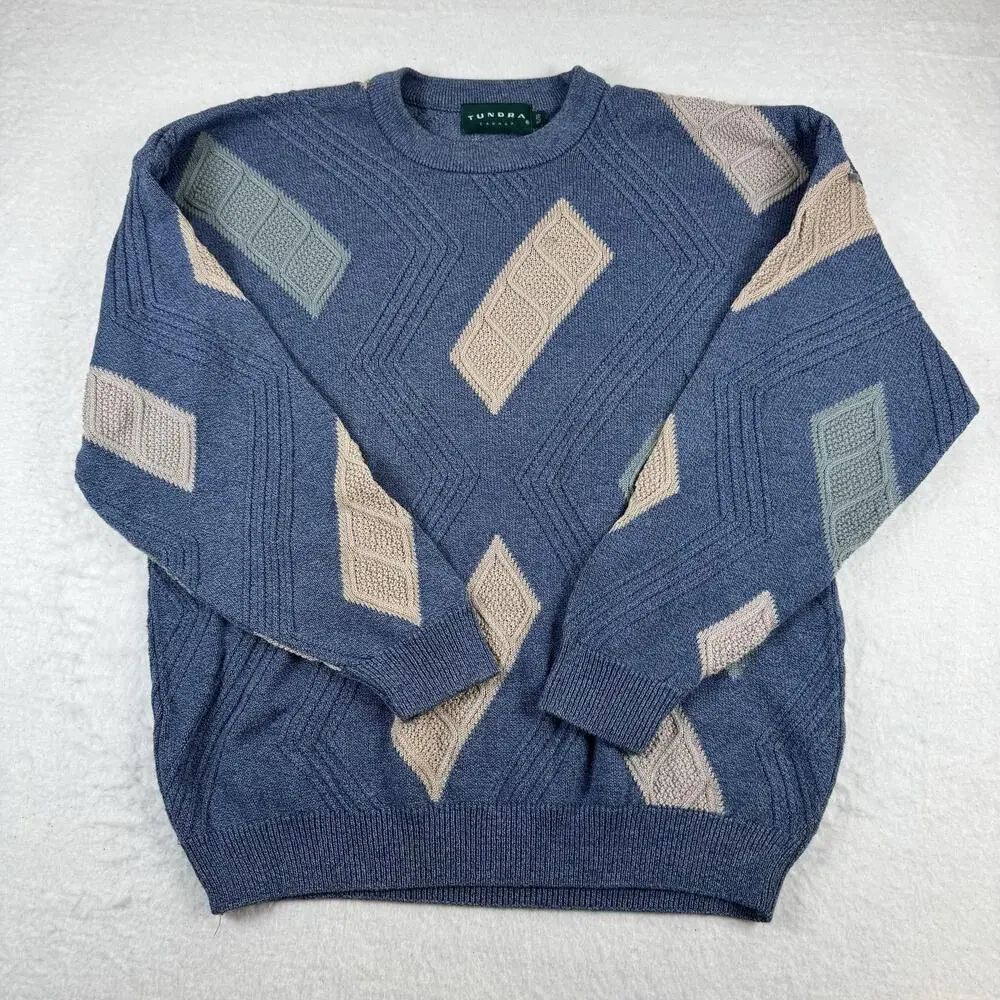 Tundra Sweater Mens Size XL Blue Argyle Diamond Knit Crew Neck Pullover Casual